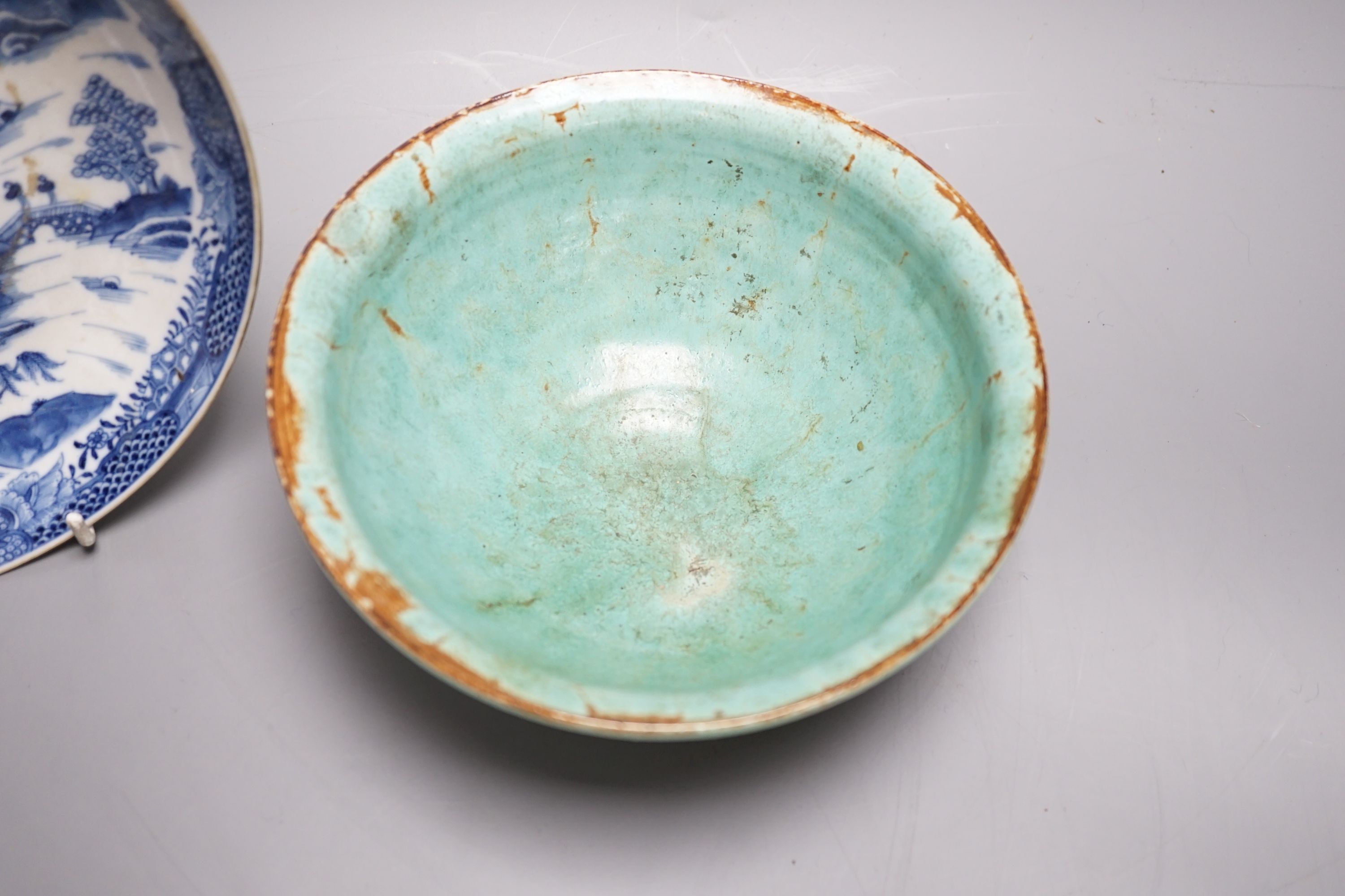A 19th century blue and white dish, 22cm, together with three others